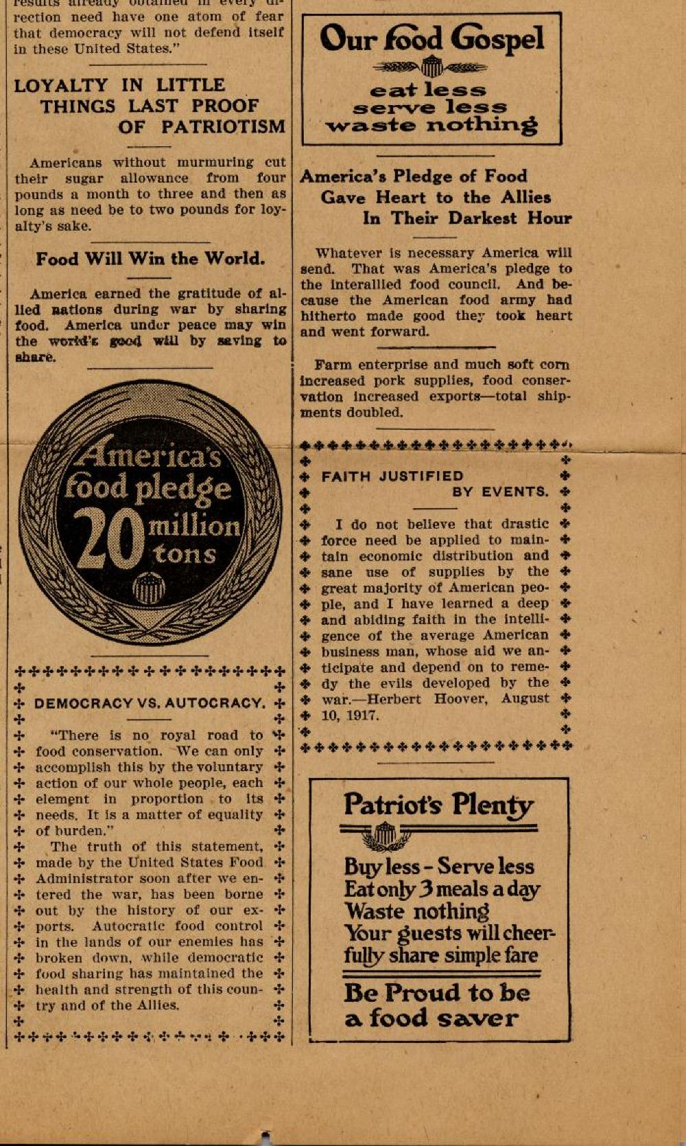 Food Rationing, "Loyalty in Small Things Last Proof of Patriotism," c. 1917 page 1