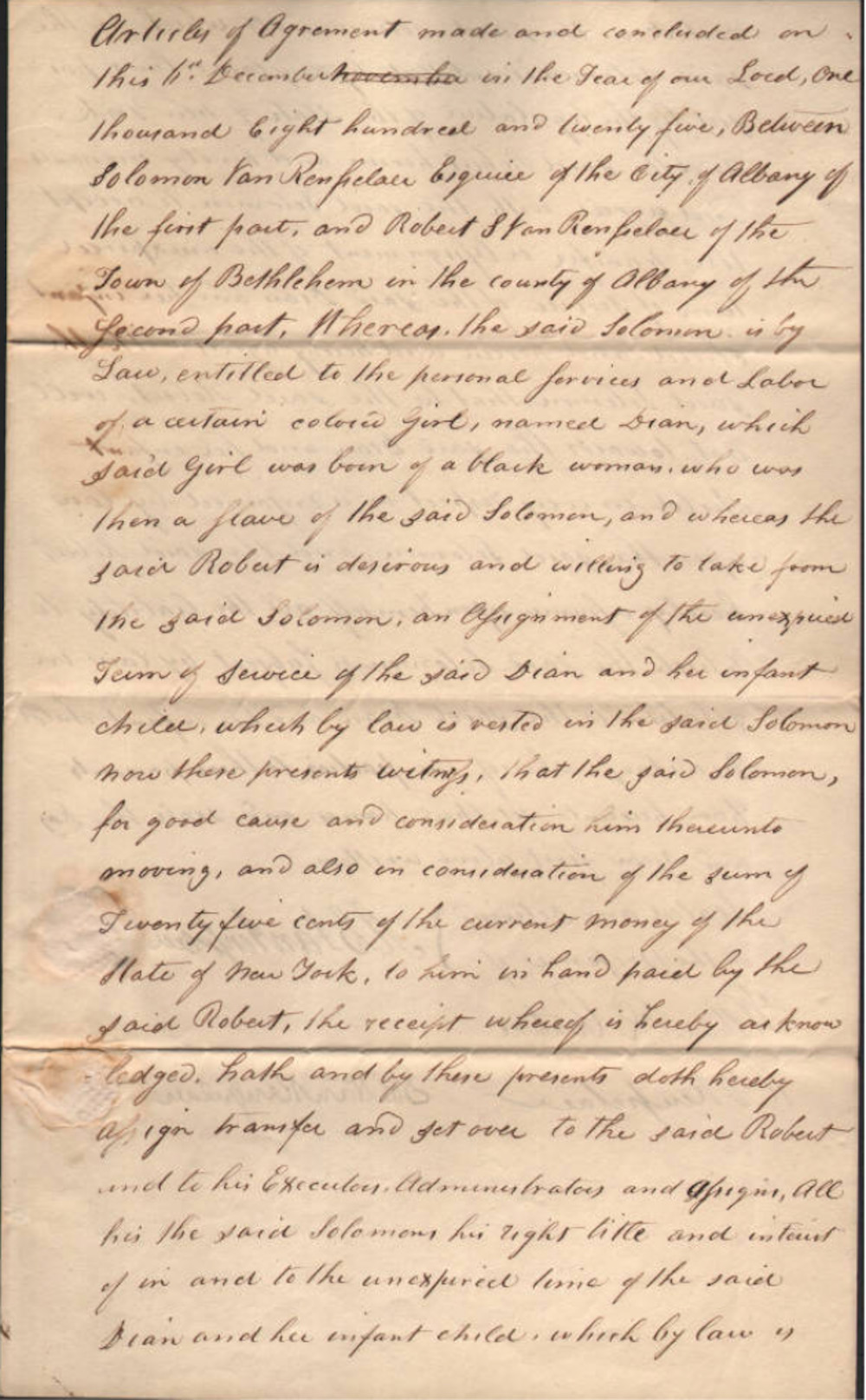 "Agreement Solomon Van Rensselaer to Robert S. Van Rensselaer, December 6, 1825  " page 1