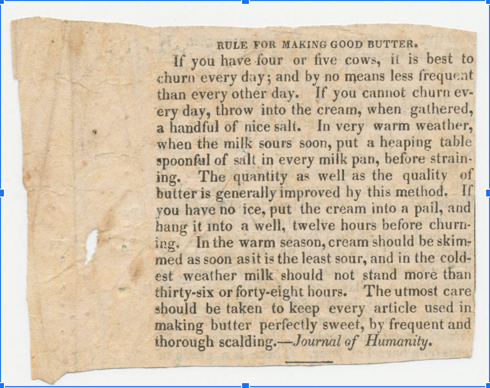 "Rule for Making Good Butter,""  Arriet Van Rensselaer’s Receipt Book, c. 1834." page 1