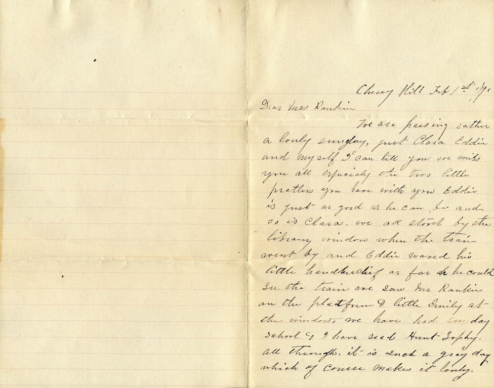 Letter from Hattie Reed to Catherine “Kittie” Bogart Putman Rankin, February 1, 1891 page 1
