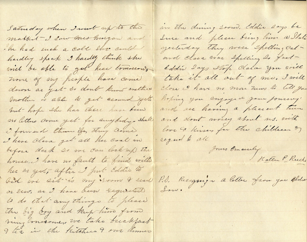 Letter from Hattie Reed to Catherine “Kittie” Bogart Putman Rankin, February 1, 1891 page 2
