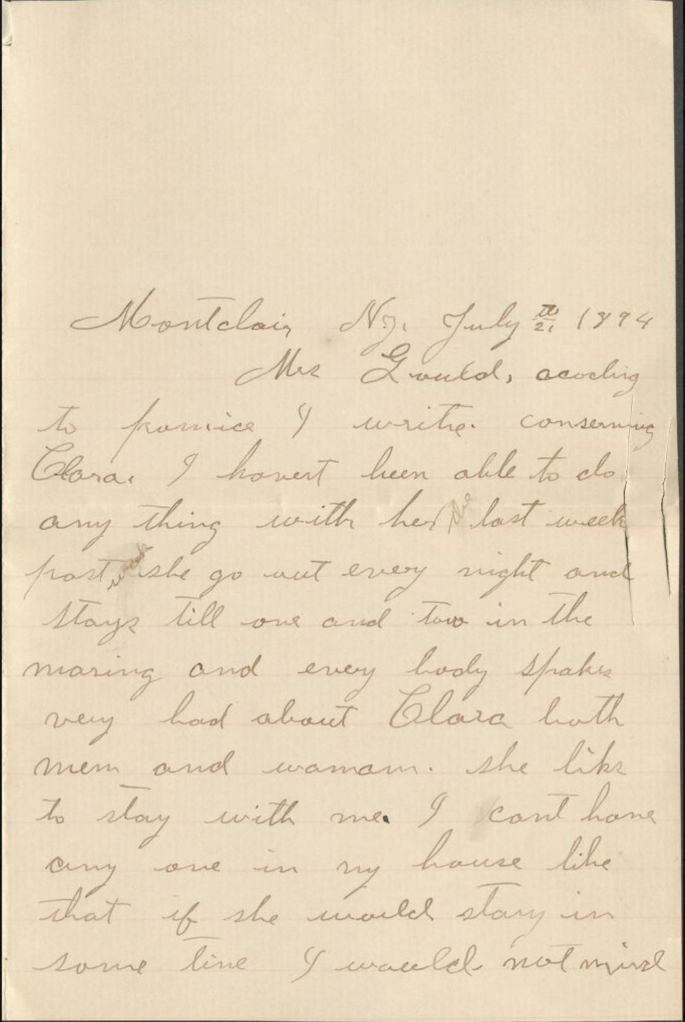 Letter from Mrs. Paul Harries [Harris] to Hattie Gould, July 21, 1894  page 1
