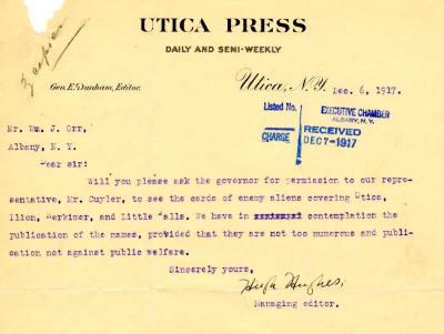 Load Request for Names of Noncitizen Enemies in Utica, December, 1917 in Main Document Viewer