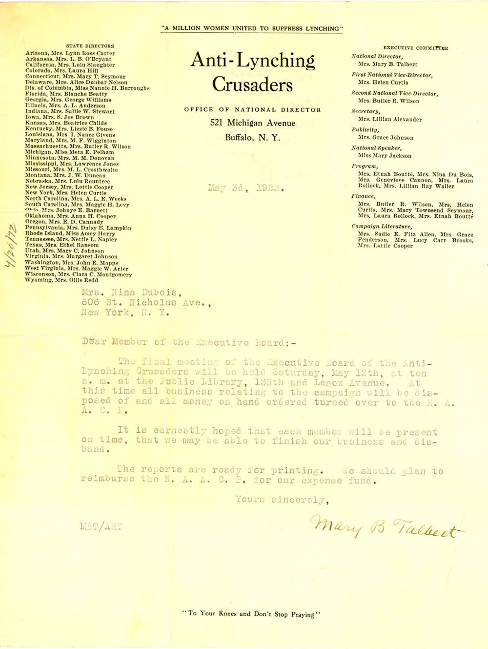 Letter from Anti-Lynching Crusaders to Nina Du Bois, May 3, 1923 page 1