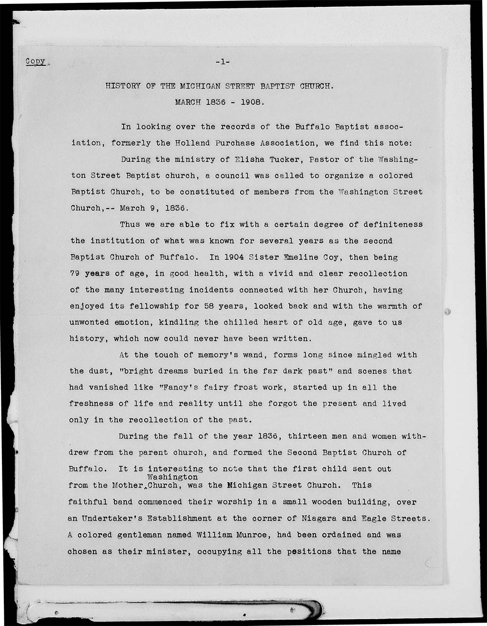 Michigan Street Baptist Church; History; 1836-1908 page 1