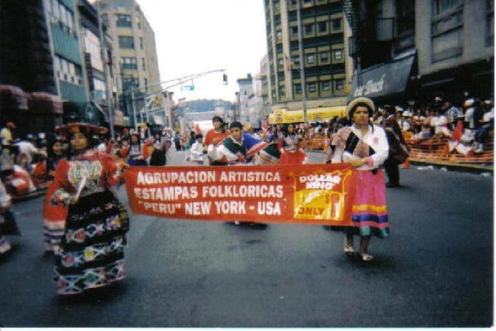 Peruvian Dancers Carrying Banner in New York City Parade, n.d. page 1