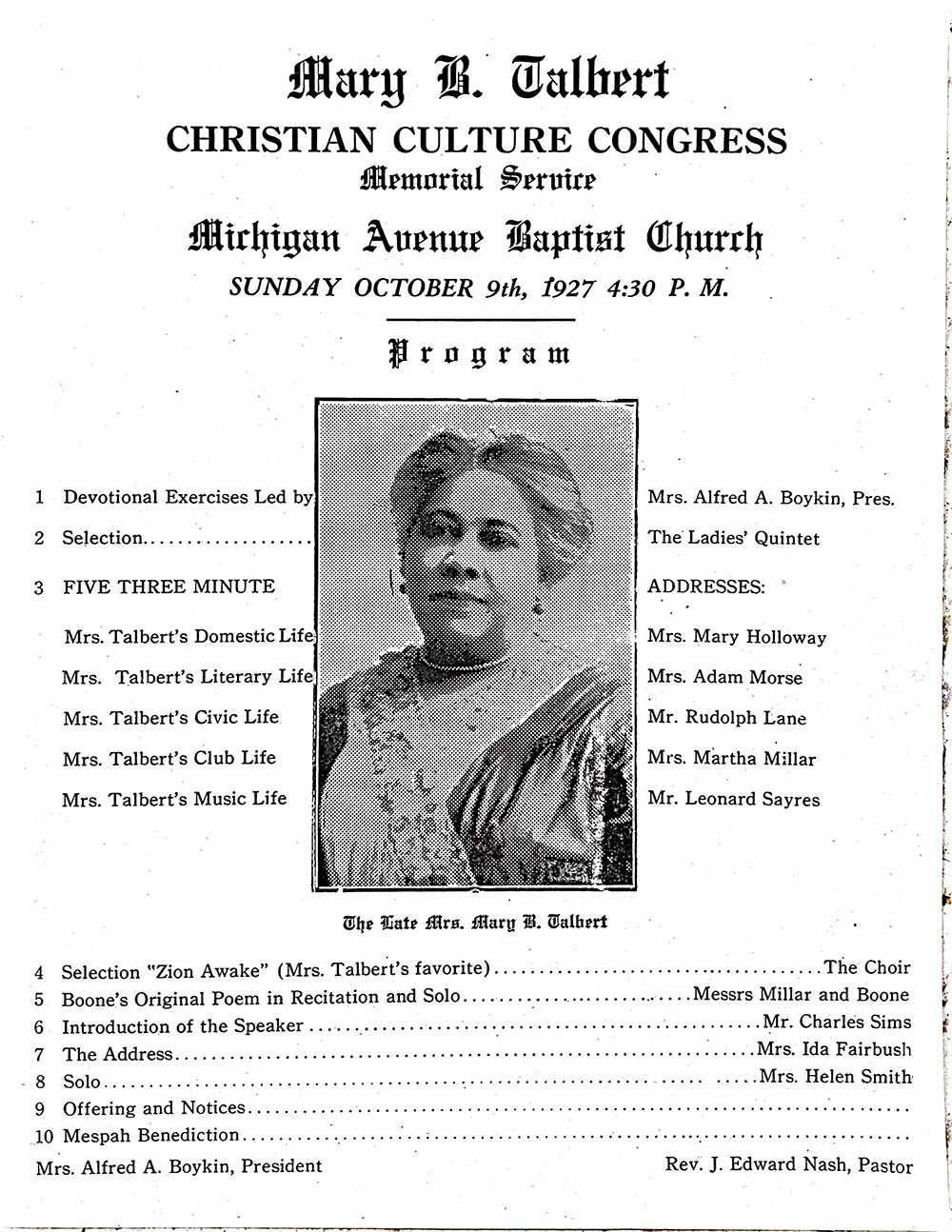 Mary B. Talbert Christian Culture Congress Memorial Service Program 1927 page 2