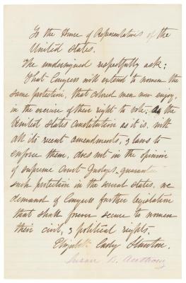 Load Petition from Elizabeth Cady Stanton and Susan B Anthony, House of Representatives, 1874 in Main Document Viewer