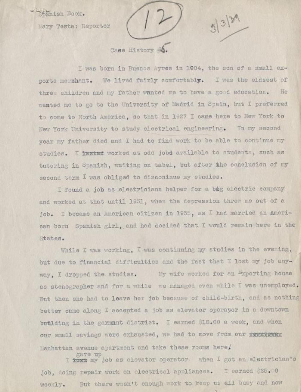 Federal Writer's Project Interview, Case #5, with a Male Immigrant from Buenos Aires, Argentina, 1939 page 1