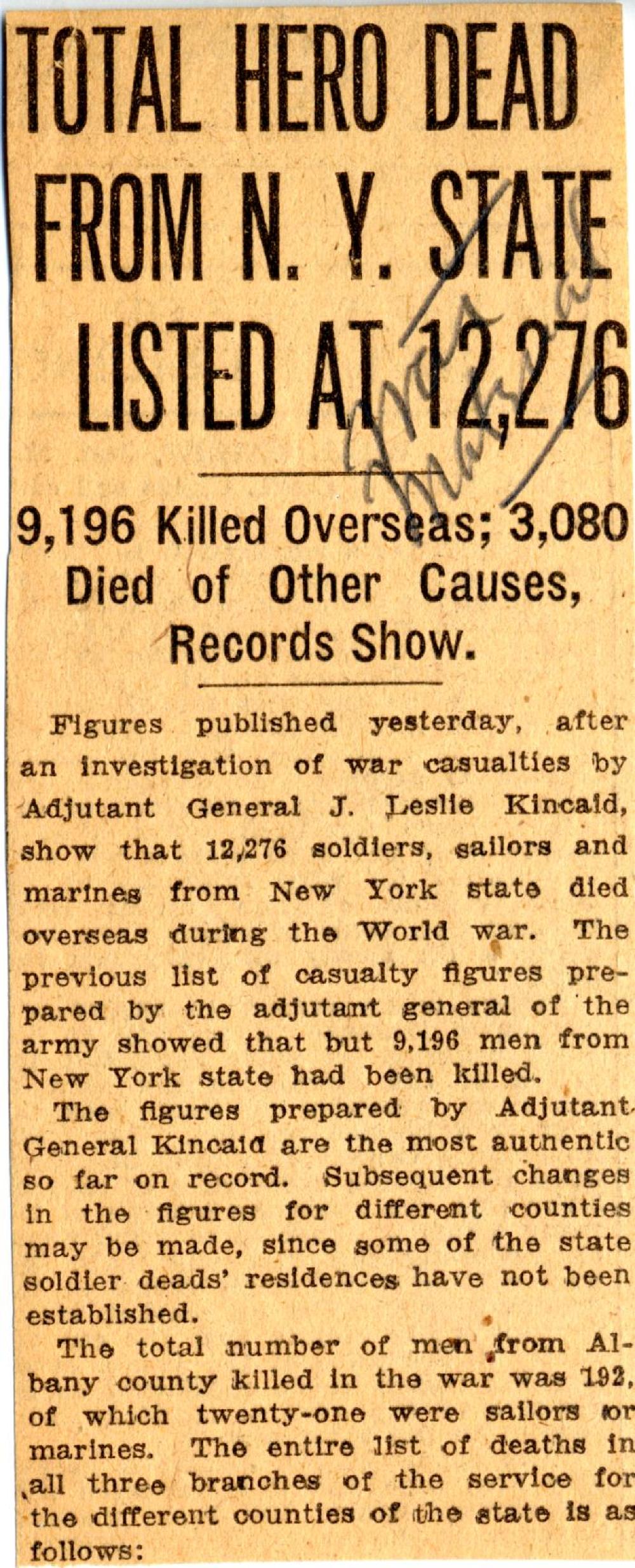 "Total Hero Dead from N. Y. State Listed at 12,276," World War I, c. 1920 page 1