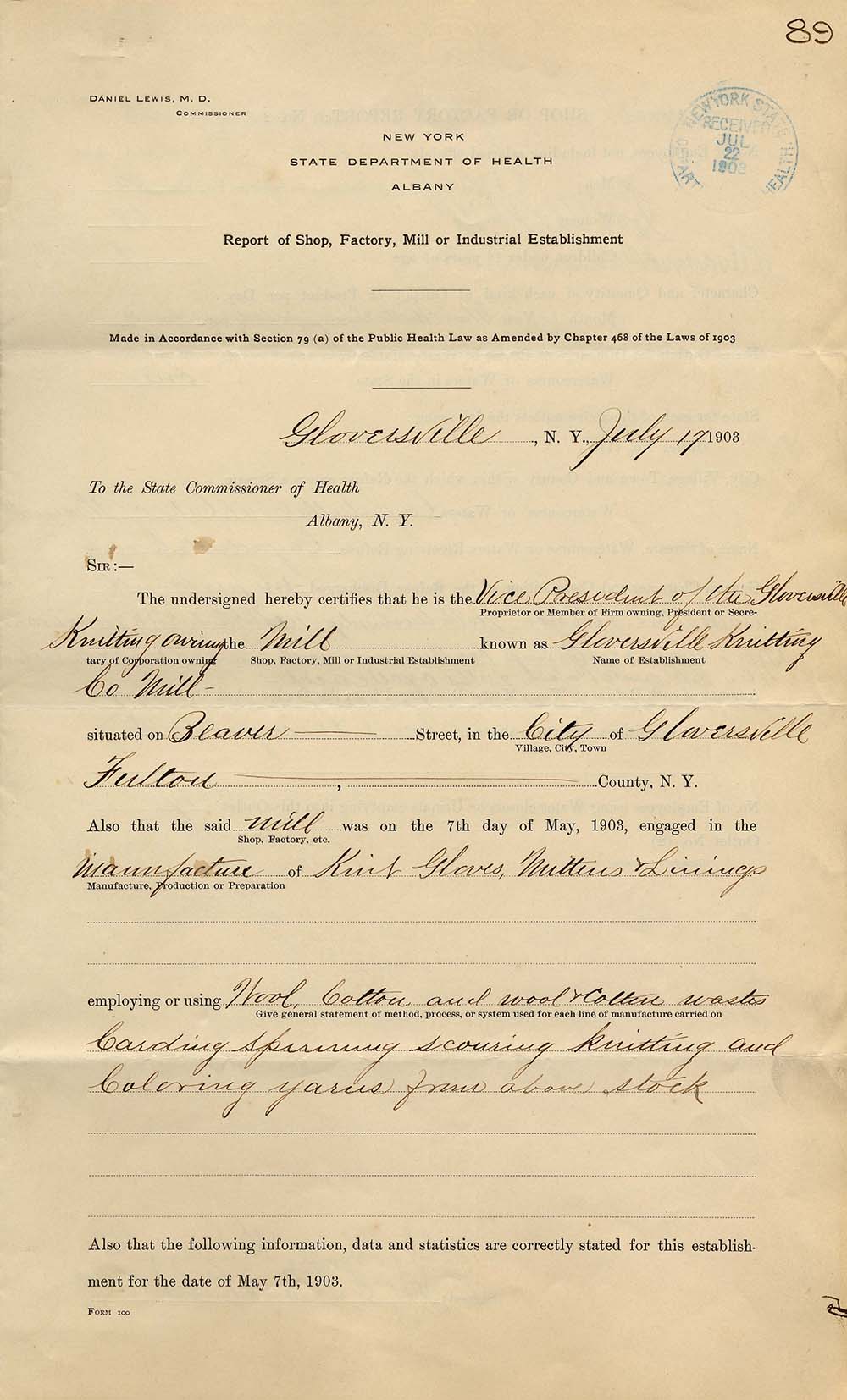 Report of Shop, Factory, Mill or Industrial Establishment for Gloversville Knitting Company Mill page 1