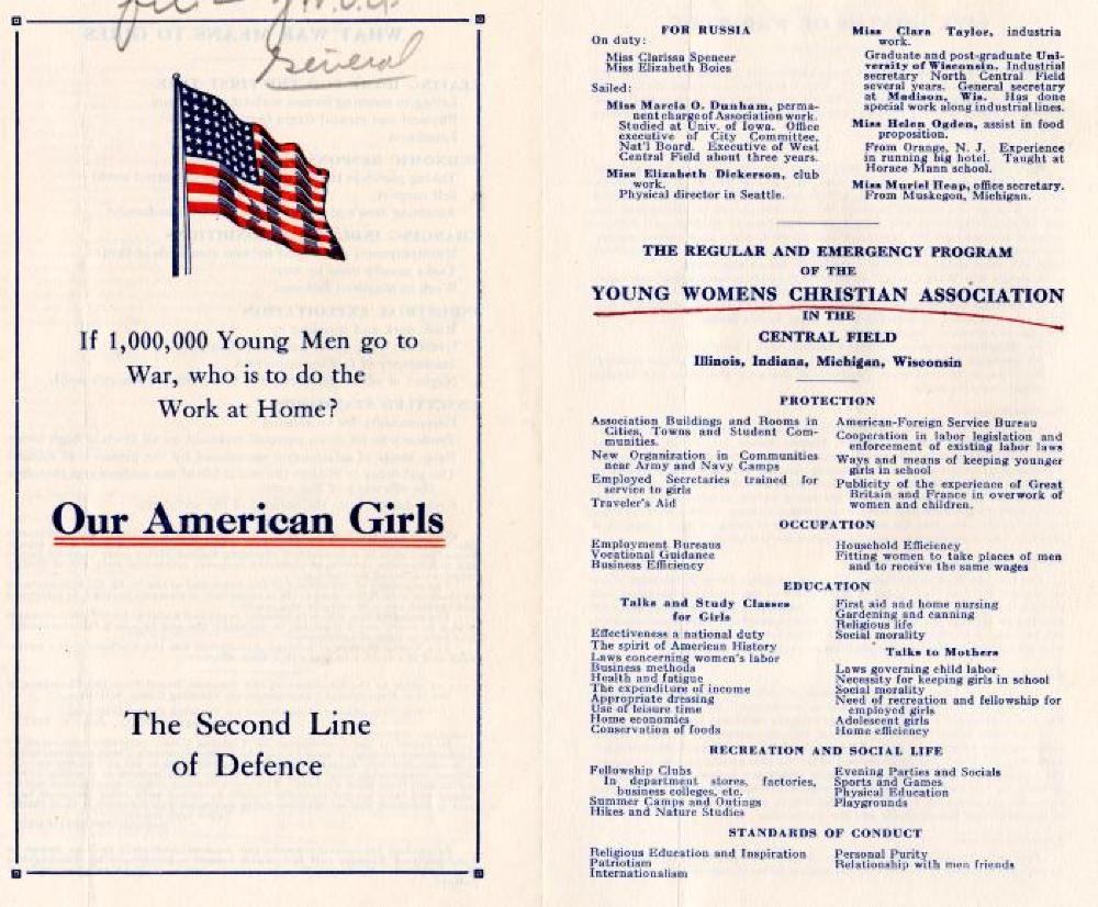 YWCA Program, "Our American Girls, The Second Line of Defence" Pamphlet, World War I, c. 1917 page 1
