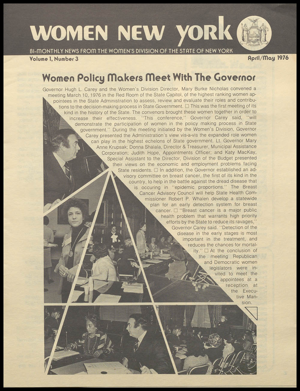 "Women New York" Bi-Monthly News from the Women's Division of the State of New York, Volume 1, Number 3, April/May 1976 page 1