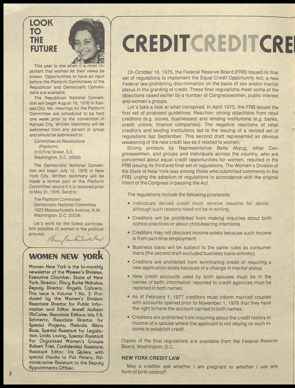 "Women New York" Bi-Monthly News from the Women's Division of the State of New York, Volume 1, Number 3, April/May 1976 page 2