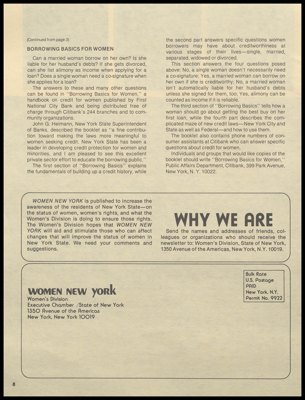 "Women New York" Bi-Monthly News from the Women's Division of the State of New York, Volume 1, Number 3, April/May 1976 page 8