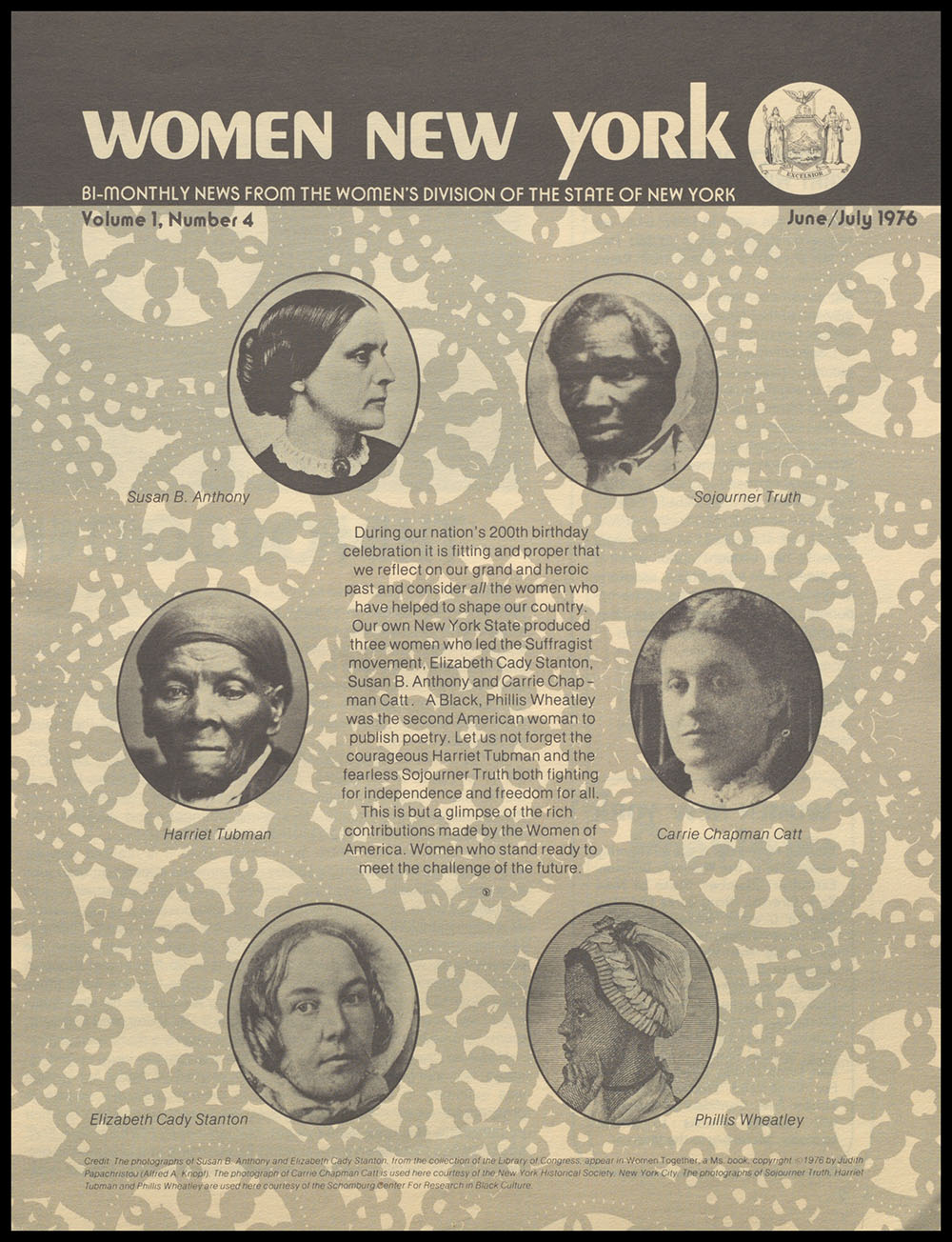 "Women New York" Bi-Monthly News from the Women's Division of the State of New York, Volume 1, Number 4, June/July 1976 page 1