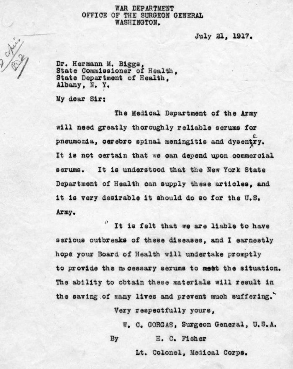 New York State Department of Health and Serums for Disease Outbreaks, 1917 page 1