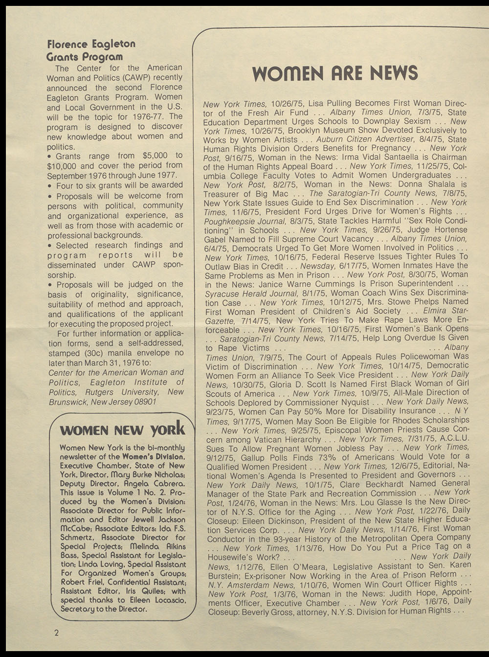 "Women New York" Bi-Monthly News from the Women's Division of the State of New York, Vol. 1, No. 2, February/March 1976 page 2