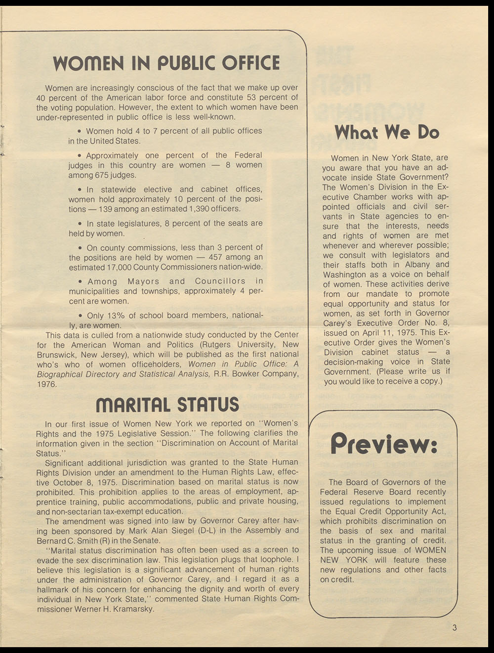 "Women New York" Bi-Monthly News from the Women's Division of the State of New York, Vol. 1, No. 2, February/March 1976 page 3