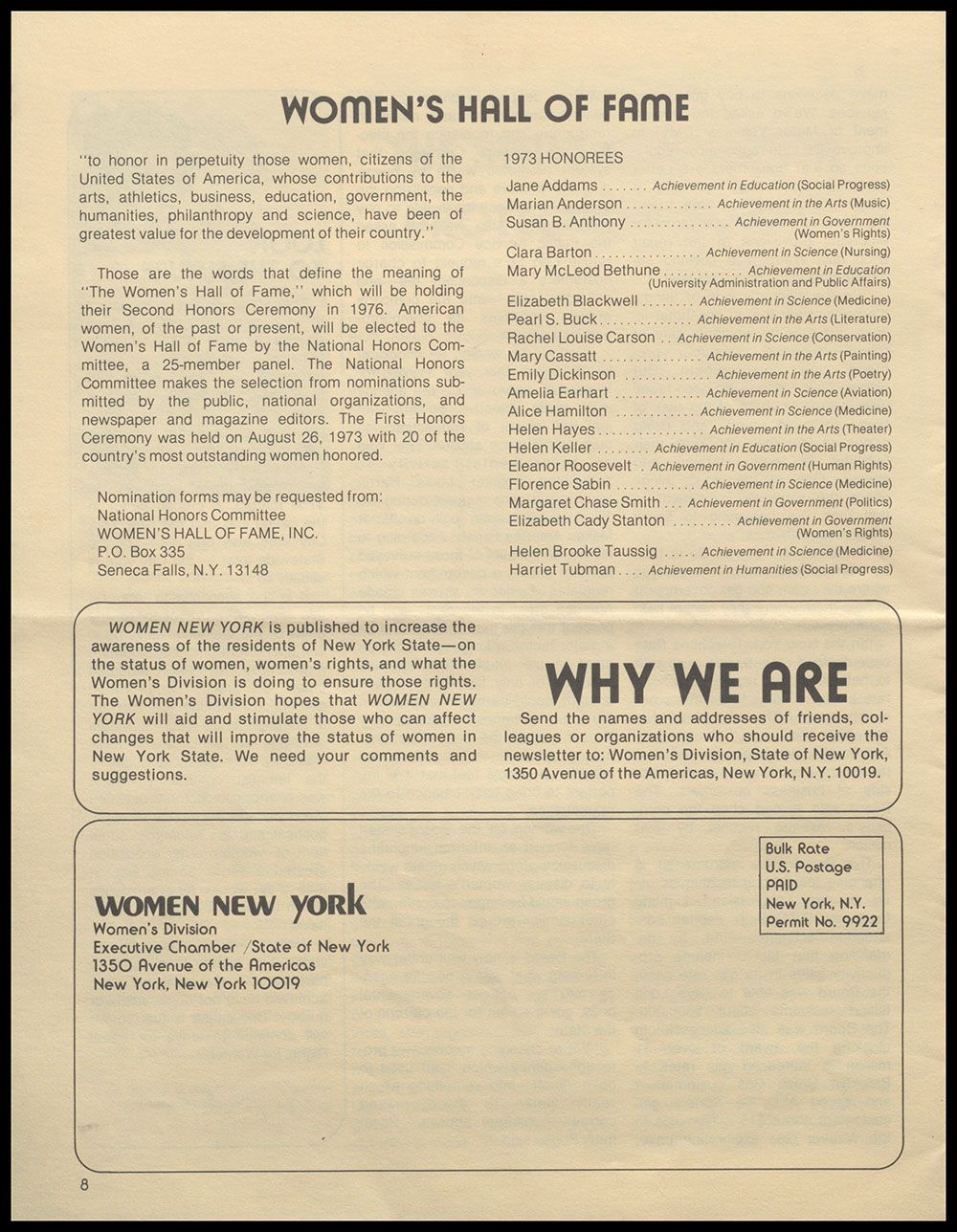"Women New York" Bi-Monthly News from the Women's Division of the State of New York, Vol. 1, No. 2, February/March 1976 page 8