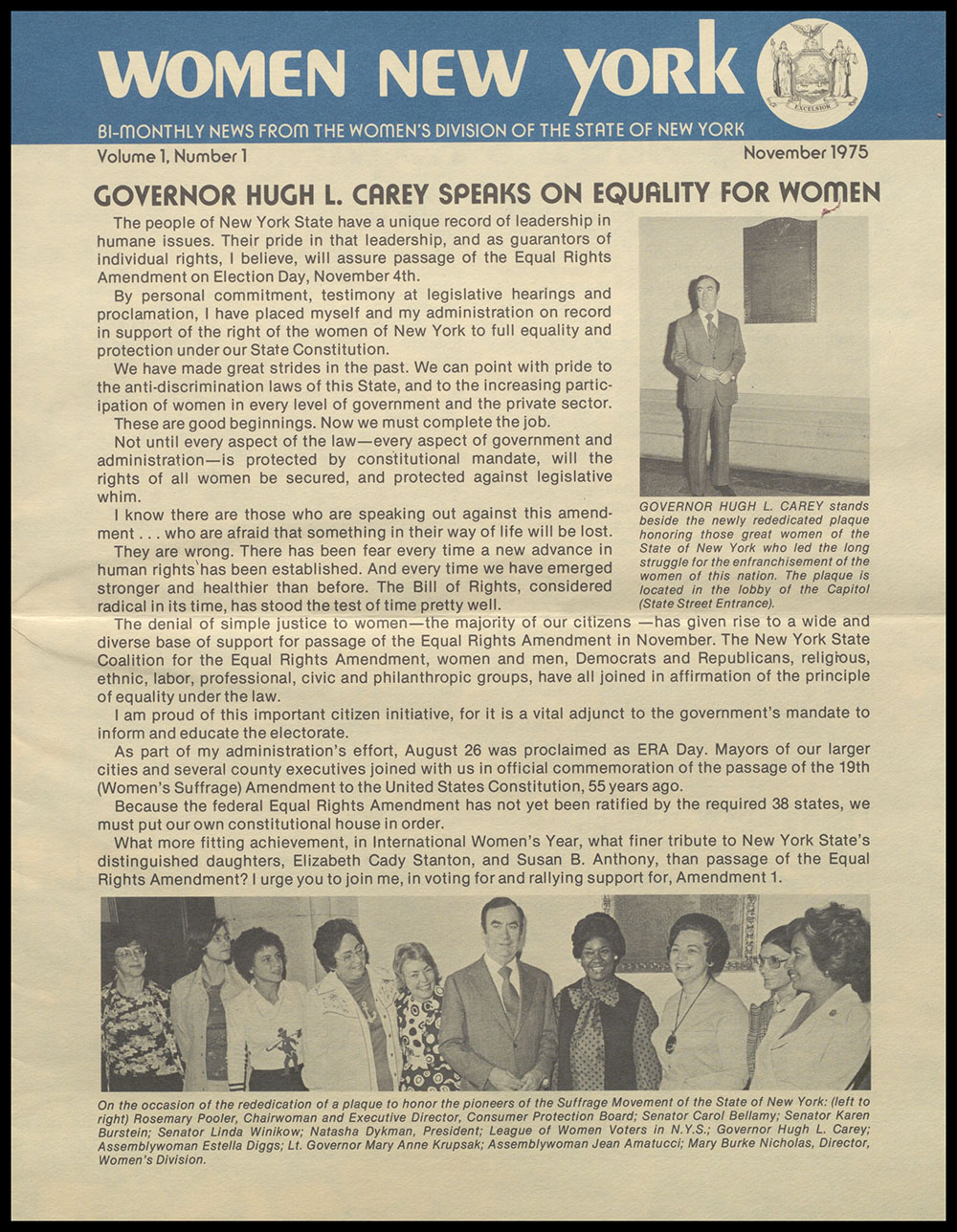 "Women New York" Bi-Monthly News from the Women's Division of the State of New York, Vol. 1, No. 1, November 1975 page 1