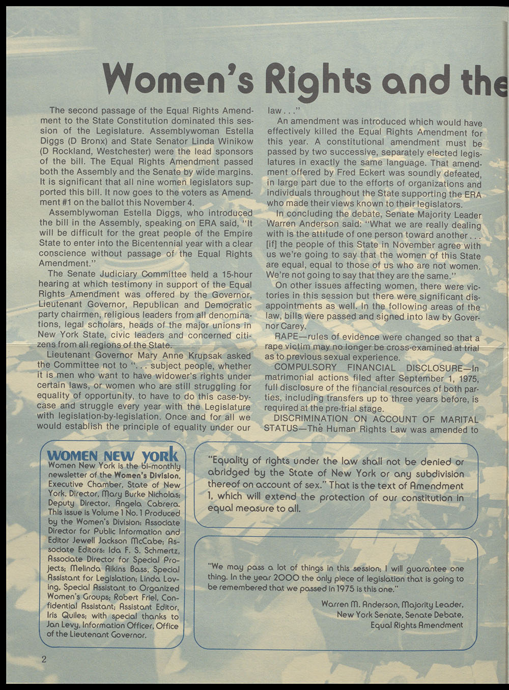 "Women New York" Bi-Monthly News from the Women's Division of the State of New York, Vol. 1, No. 1, November 1975 page 2