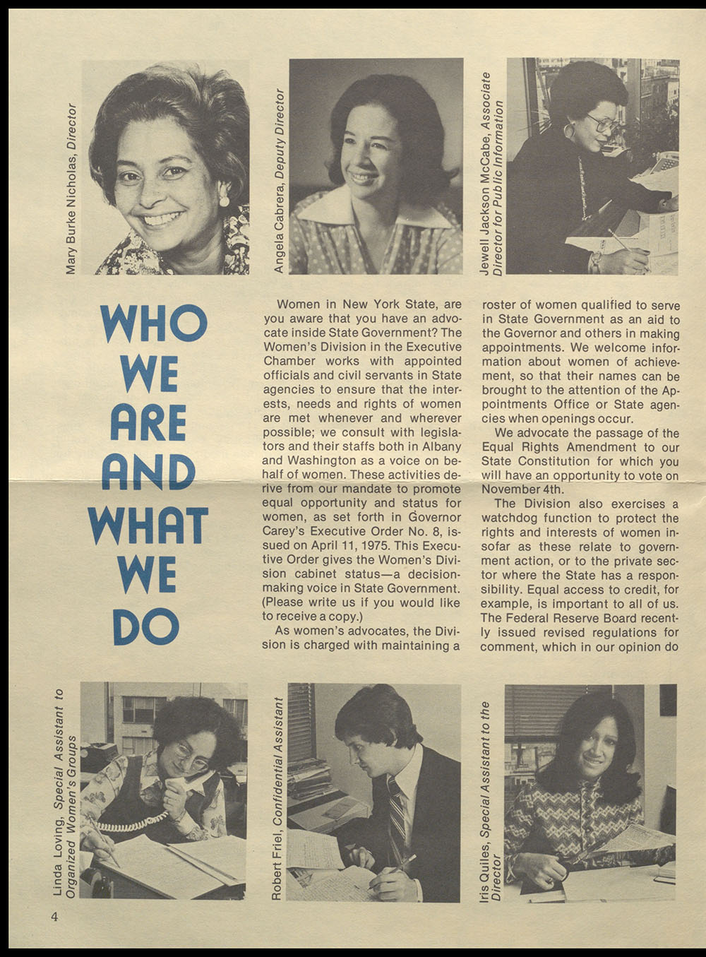 "Women New York" Bi-Monthly News from the Women's Division of the State of New York, Vol. 1, No. 1, November 1975 page 4