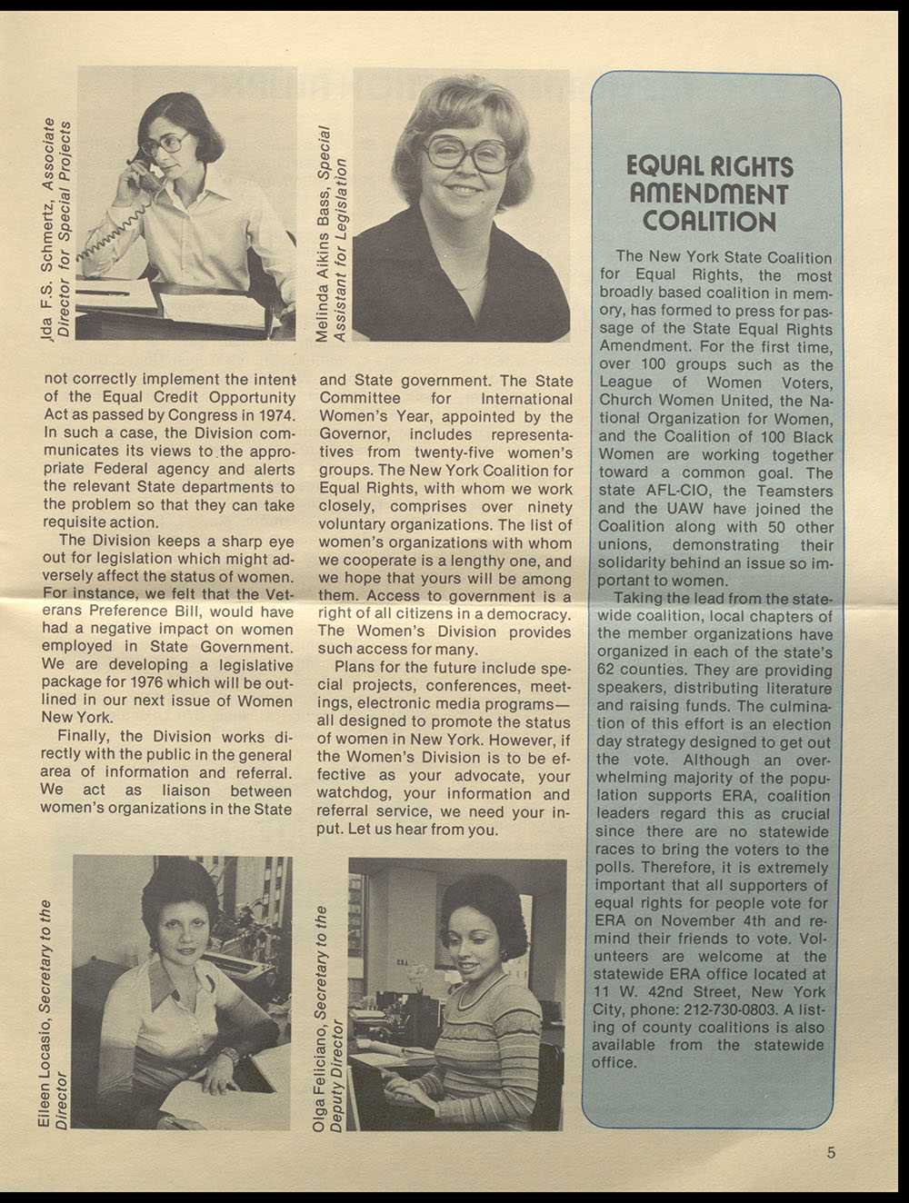 "Women New York" Bi-Monthly News from the Women's Division of the State of New York, Vol. 1, No. 1, November 1975 page 5