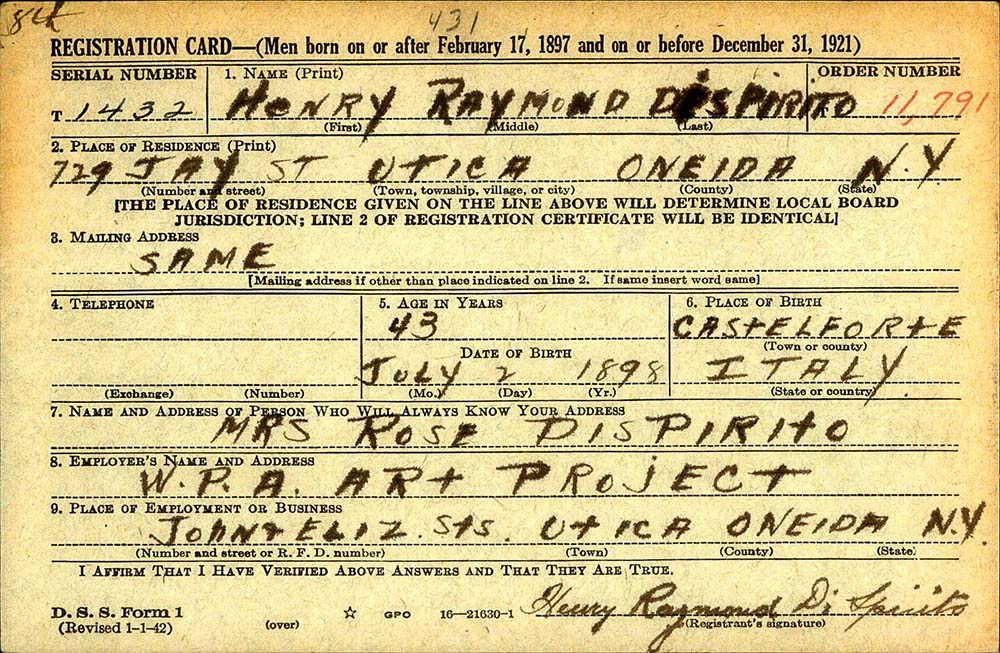World War II Draft Card for Henry DiSpirito page 1
