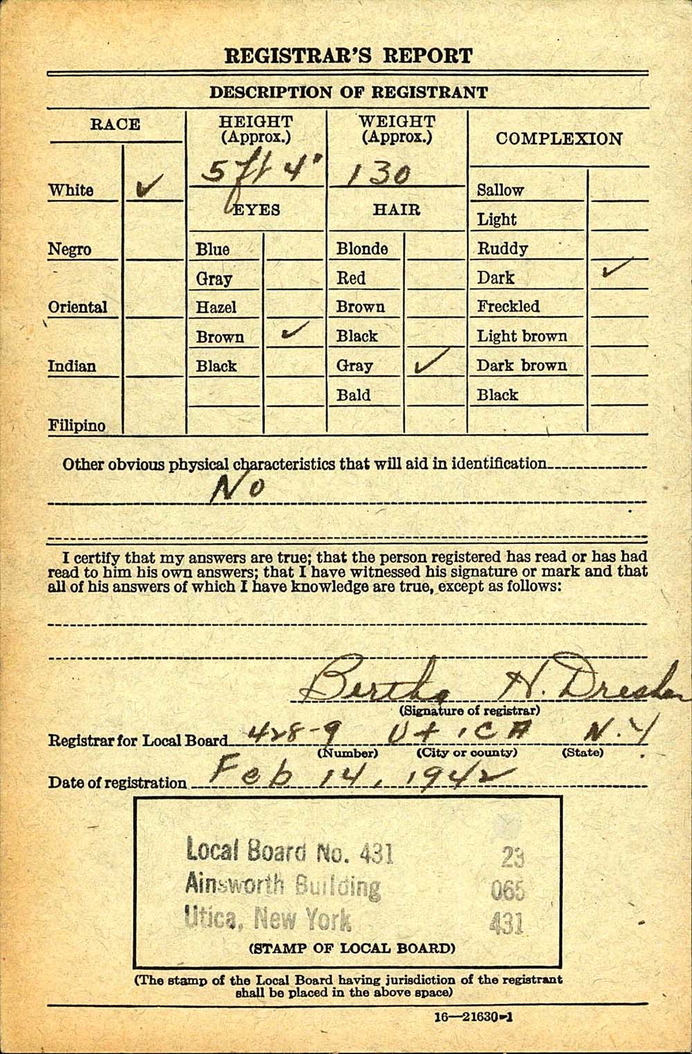 World War II Draft Card for Henry DiSpirito page 2