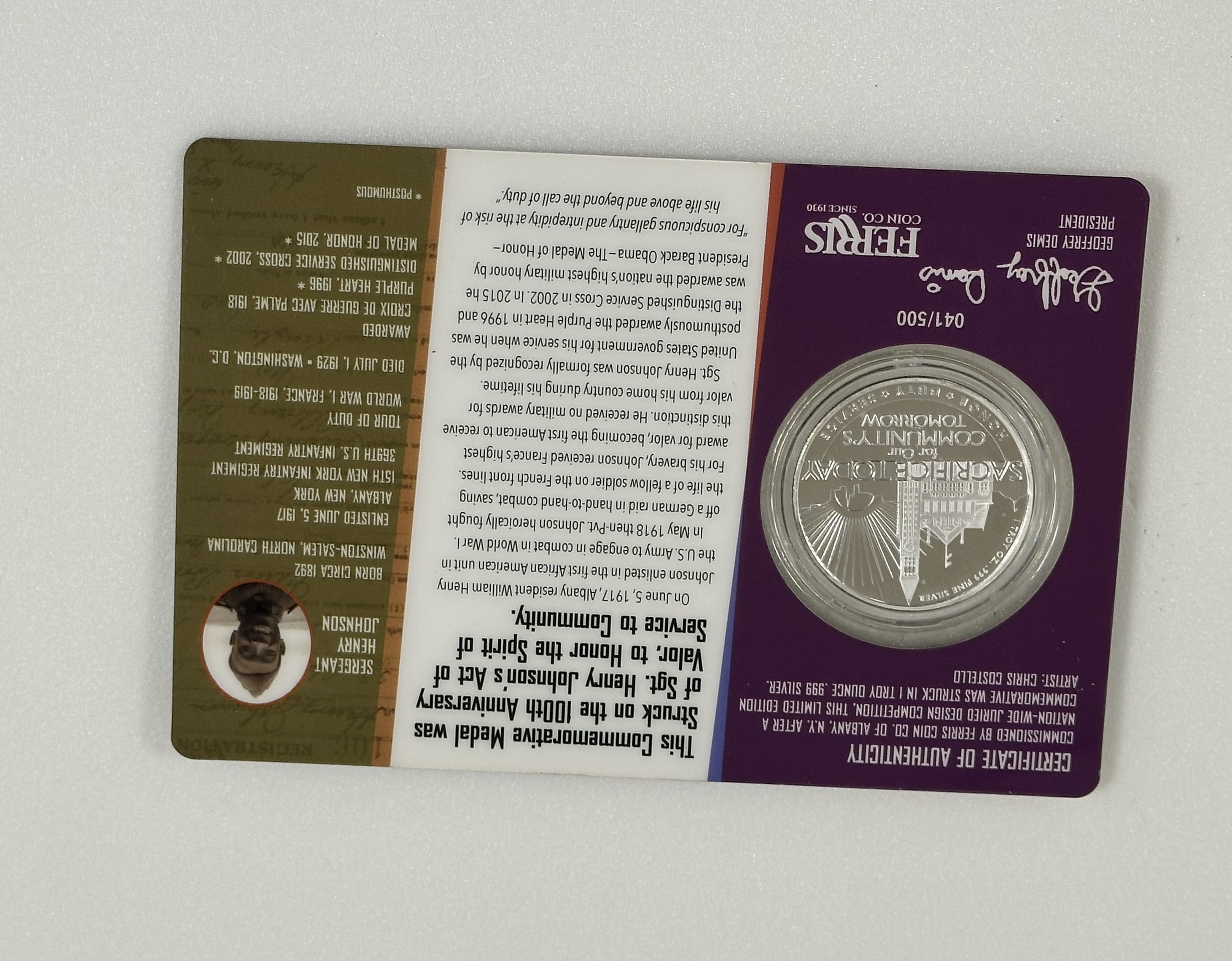 Commemorative Coin for Sergeant Henry Johnson page 2