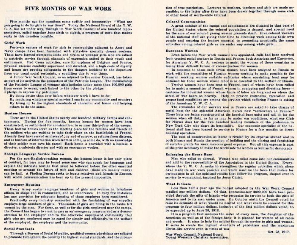 YWCA Program, "Our American Girls, The Second Line of Defence" Pamphlet, World War I, c. 1917 page 2
