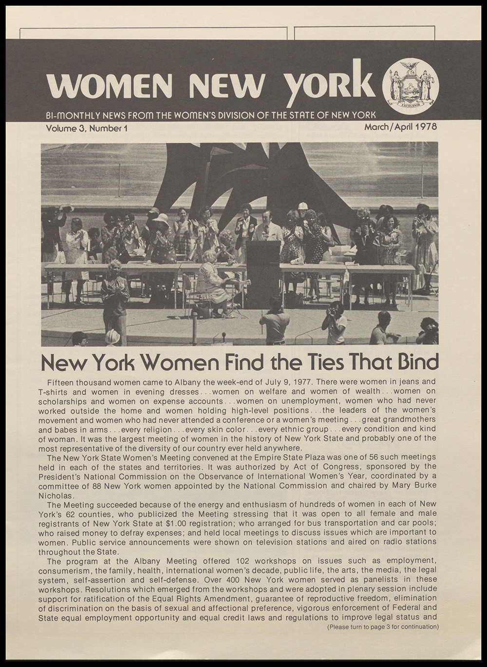 "Women New York" Bi-Monthly News from the Women's Division of the State of New York, Volume 3, Number 1, March/April 1978 page 1