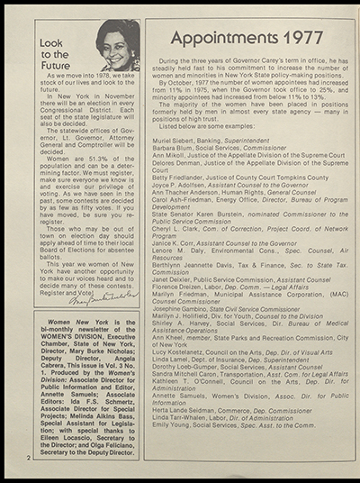"Women New York" Bi-Monthly News from the Women's Division of the State of New York, Volume 3, Number 1, March/April 1978 thumbnail page 2