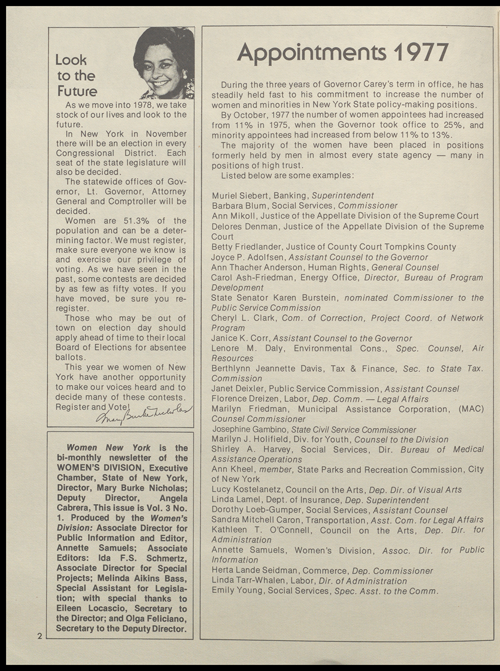 "Women New York" Bi-Monthly News from the Women's Division of the State of New York, Volume 3, Number 1, March/April 1978 page 2