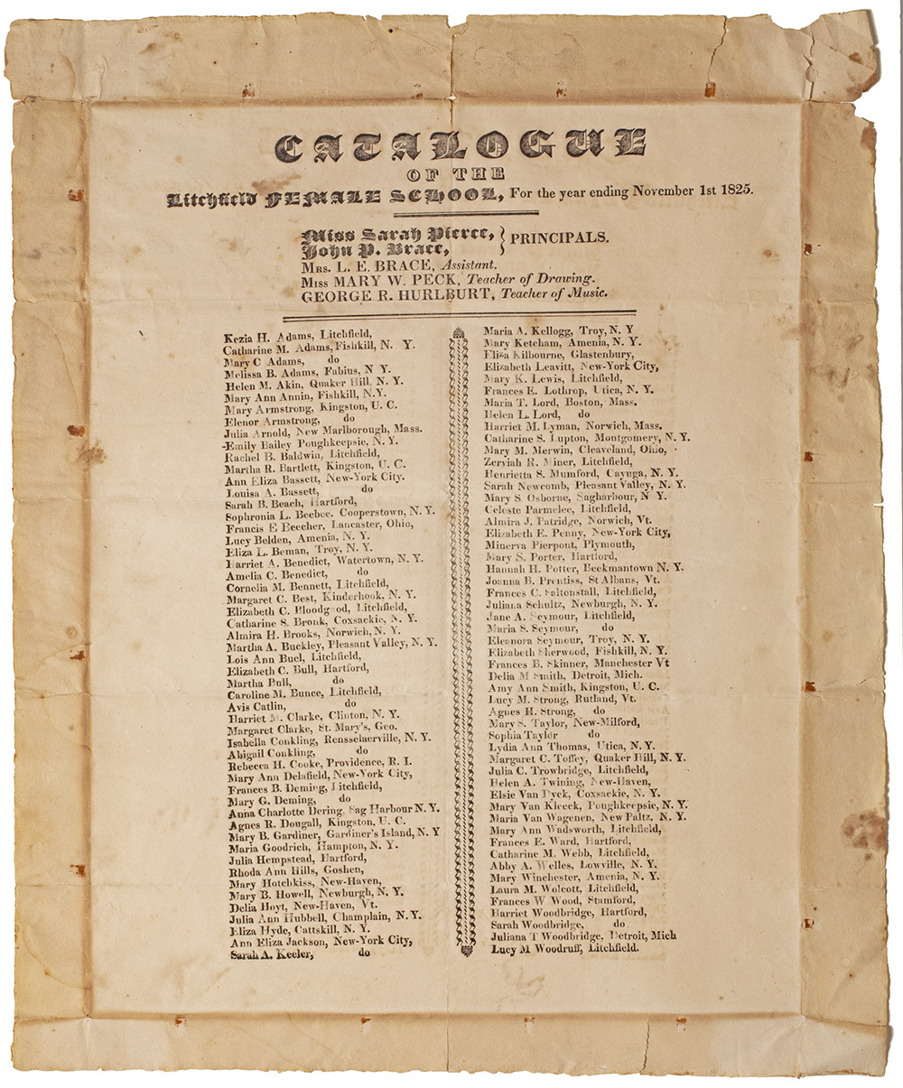 “Catalogue of the Litchfield Female School,” 1825 page 1