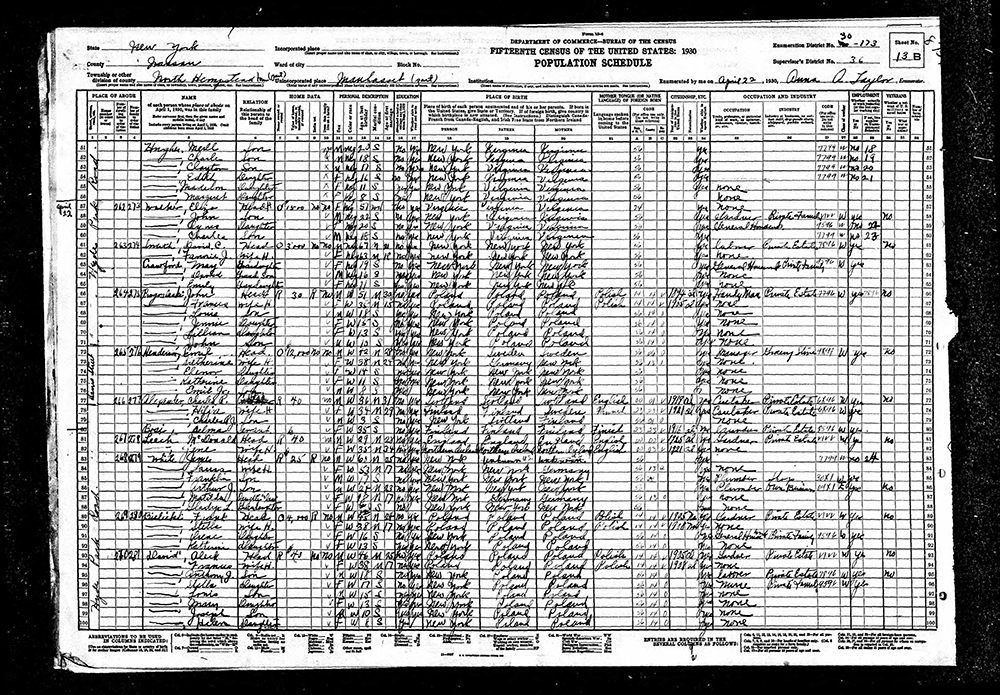 1930 Federal Census Record for North Hempstead, New York page 1