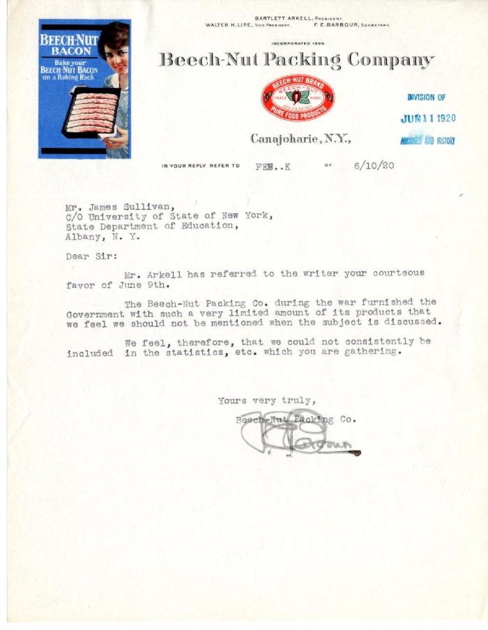 Beech Nut Packing Company's Contributions to World War I, June 10, 1920 page 1