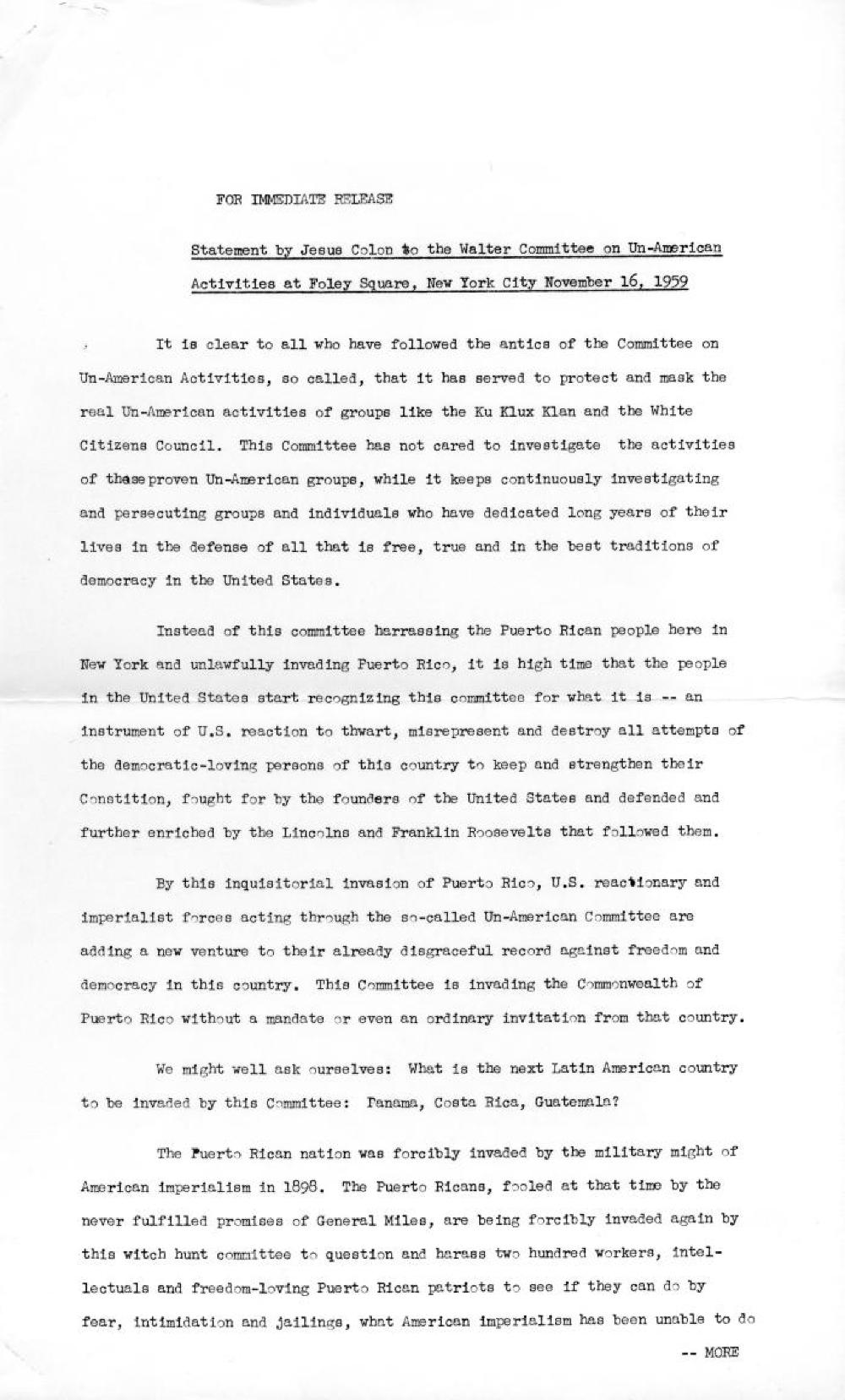 Statement by Jesus Colon to the Walter Commission on Un-American Activities, 1959 page 1