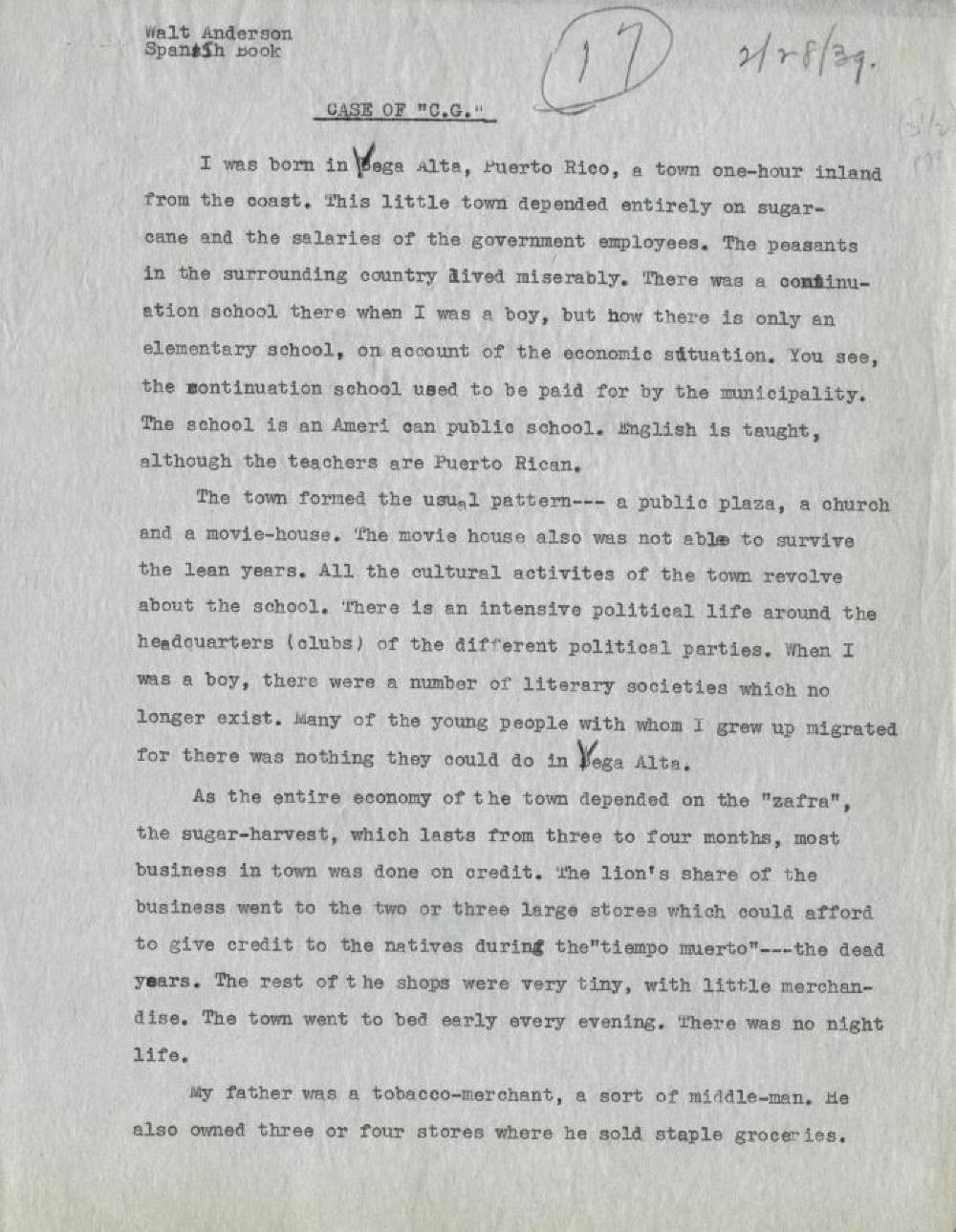 Federal Writer's Project Interview, Case of "C.G.," with a Male Immigrant from Vega Alta, Puerto Rico, 1939 page 1