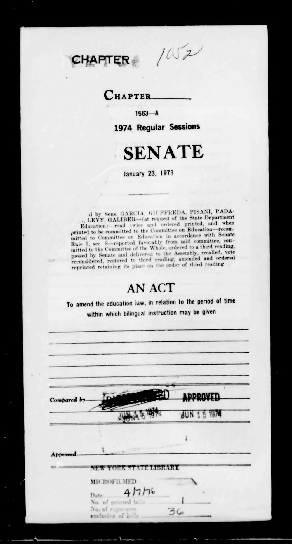 Governor's Bill Jacket, Laws from 1974, Chapter 1052 page 1