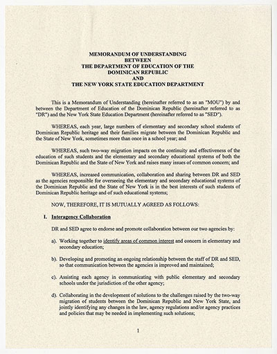 Load Memorandum of Understanding between the Education Department of the Dominican Republic and the New York State Education Department in Main Document Viewer