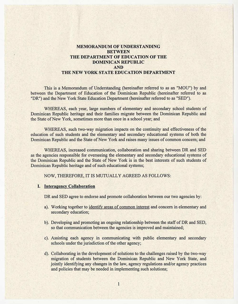 Memorandum of Understanding between the Education Department of the Dominican Republic and the New York State Education Department page 1