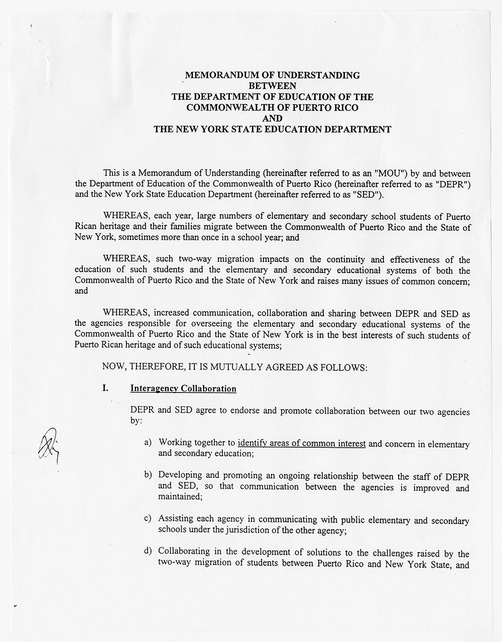 Memorandum of Understanding between the Education Department of the Commonwealth of Puerto Rico and the New York State Education Department page 1