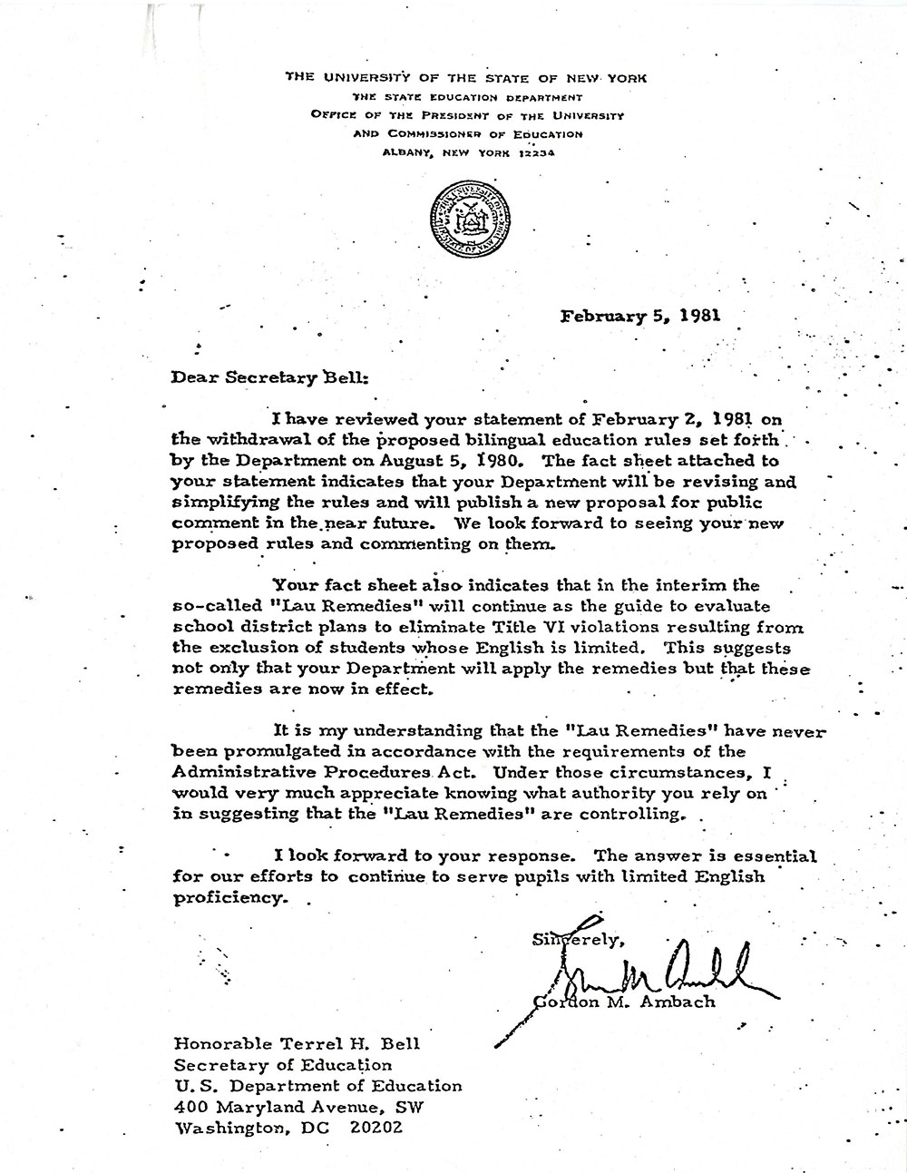 New York State Education Department's Reaction to the United States Education Department's Repeal of the "Lau Remedies" page 1