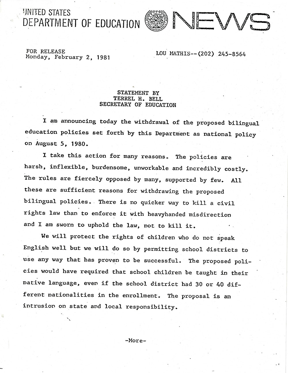 New York State Education Department's Reaction to the United States Education Department's Repeal of the "Lau Remedies" page 2