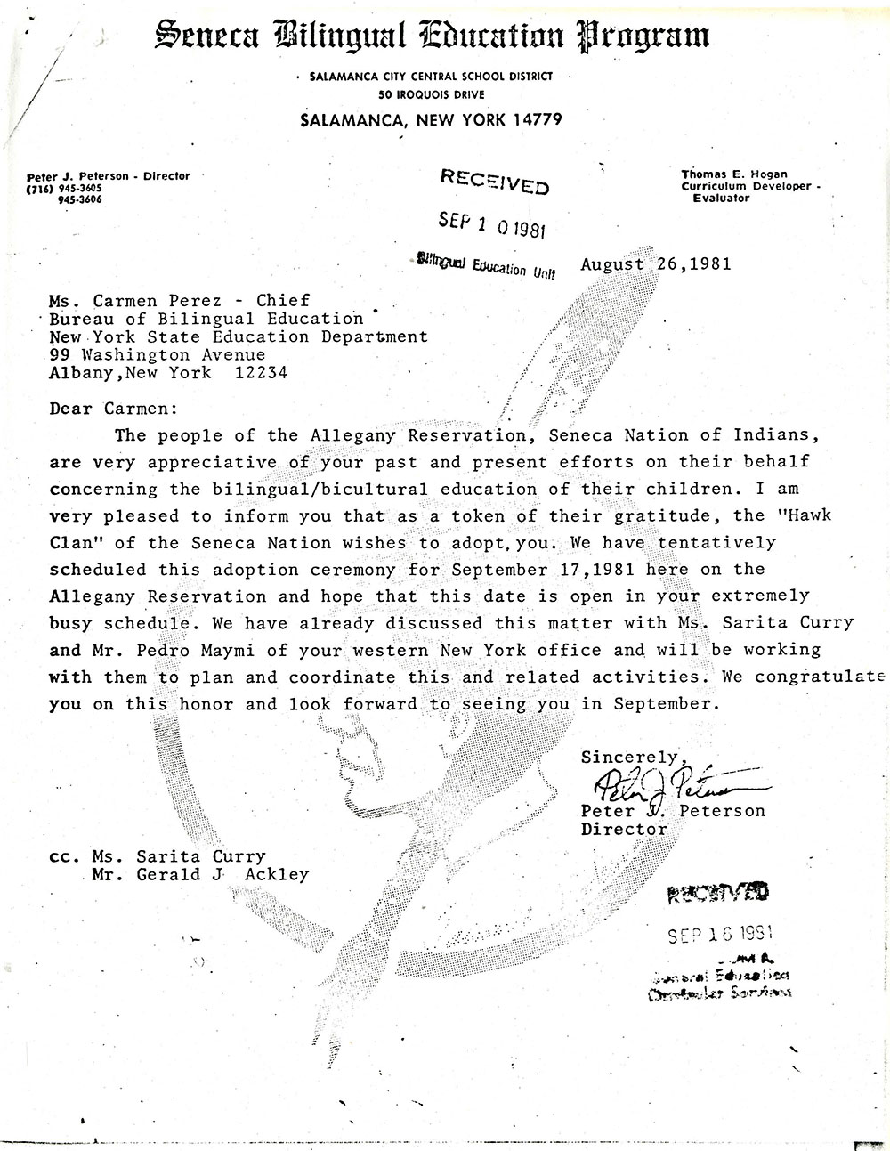 Letter from the Director of the Seneca Bilingual Program to Carmen Perez-Hogan page 1