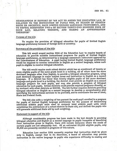 Load Memorandum Supporting Act to Require Bilingual Education in New York State in Main Document Viewer