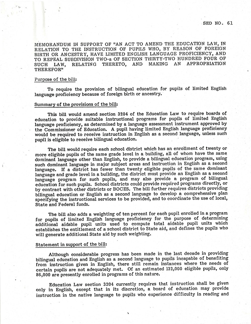 Memorandum Supporting Act to Require Bilingual Education in New York State page 1