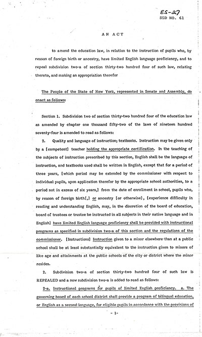 Load Memorandum Supporting Act to Require Bilingual Education in New York State in Main Document Viewer